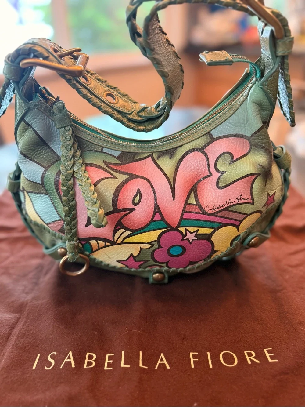 Isabella Fiore Green Leather Shoulder Bag with Pink & Teal 'LOVE' Graphic - Picture 1 of 6